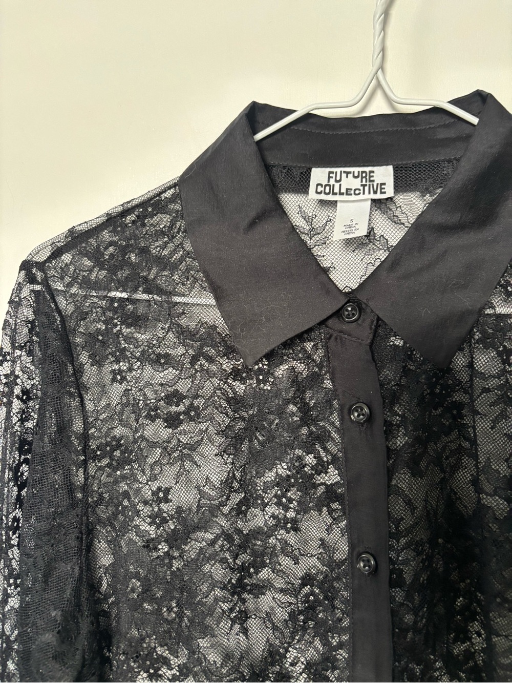 Quiet Luxury Whimsigoth Flirty Future Collective Black Lace Button-Up Shirt - Picture 2 of 4